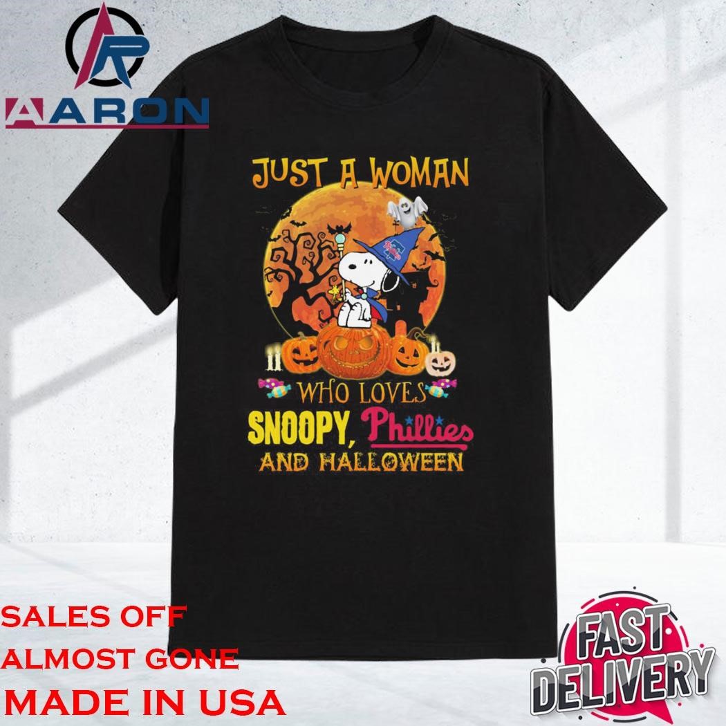 Just A Woman Who Loves Snoopy Phillies And Halloween 2024 shirt