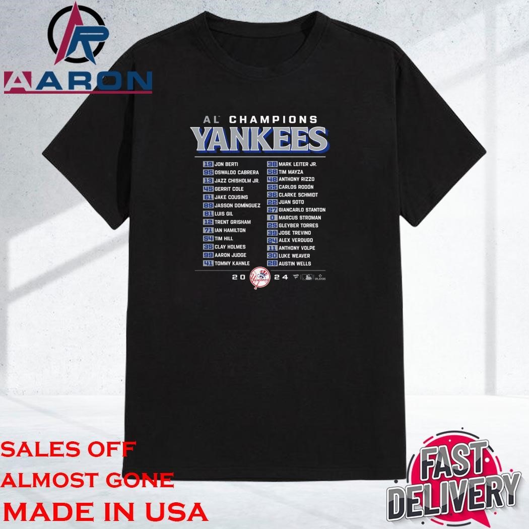 Official New York Yankees 2024 American League Champions Bloop Single Roster T-Shirt