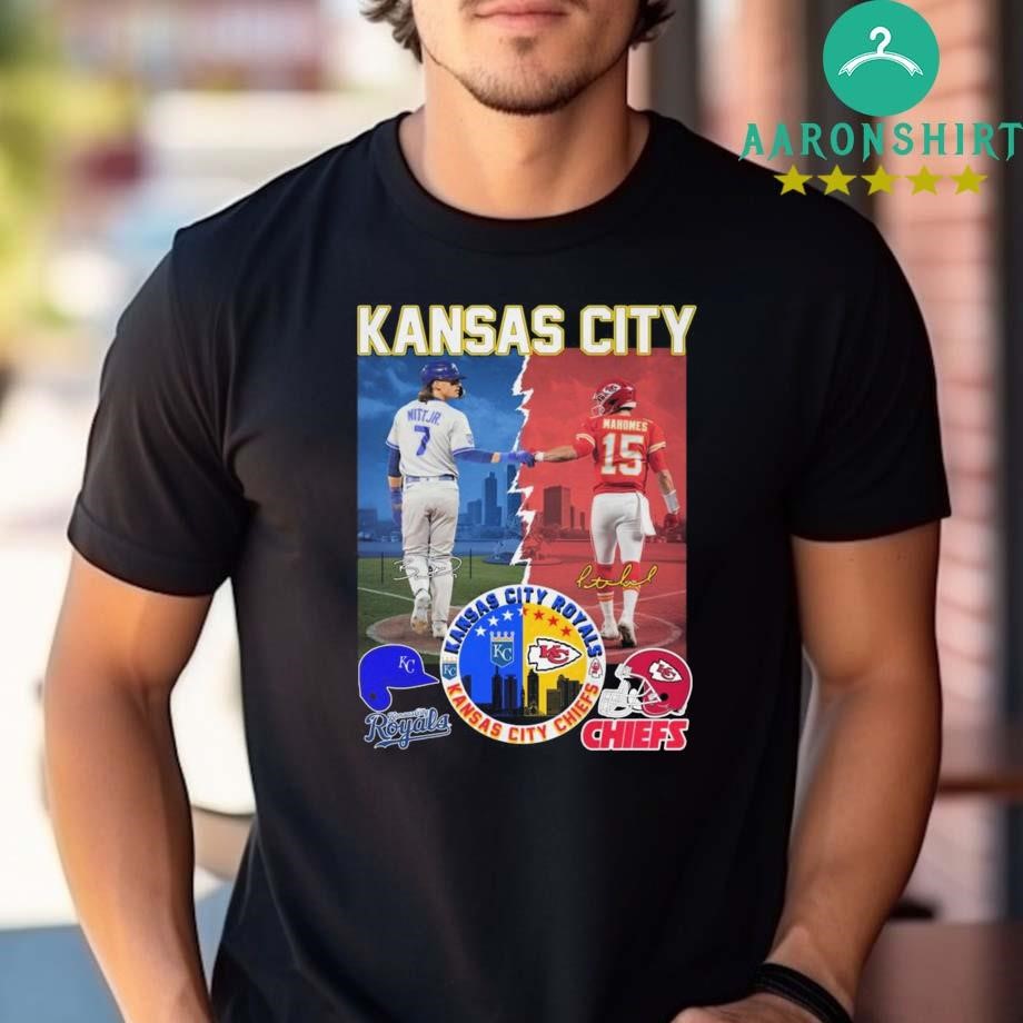 Official Official Kansas City Chiefs x Kansas City Royals Mahomes And Witt Jr Skyline Signatures T-shirt