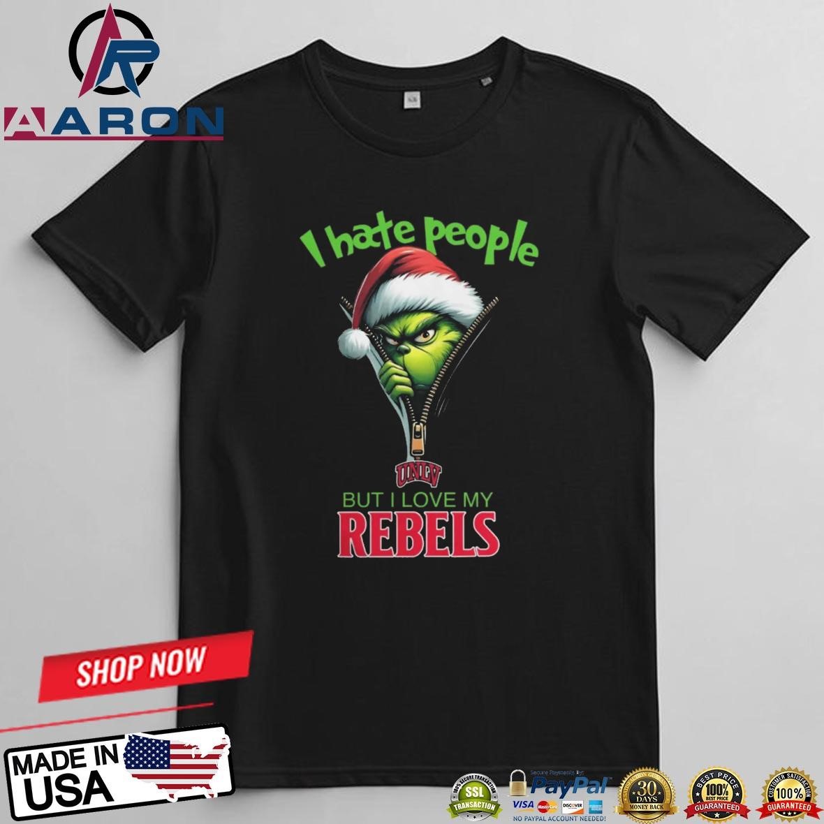 Grinch Santa Hat I Hate People But I Love My UNLV Rebels Christmas Logo T-Shirts