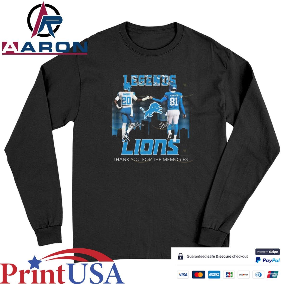 Legends Detroit Lions Barry Sanders x Calvin Johnson Signatures Thank You For The Memories 2024 T-Shirts Long Sleeve