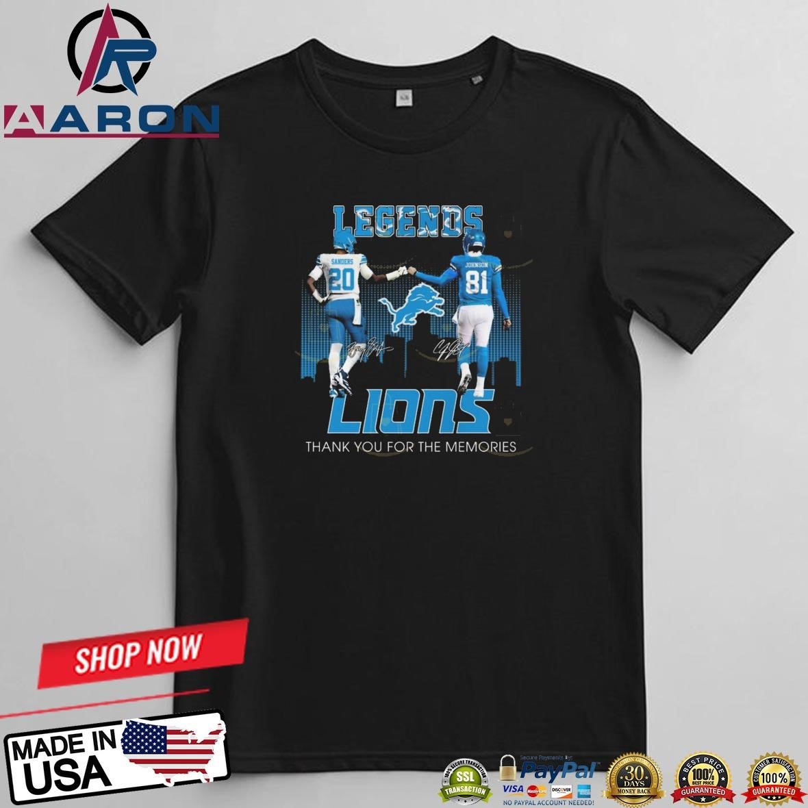 Legends Detroit Lions Barry Sanders x Calvin Johnson Signatures Thank You For The Memories 2024 T-Shirts