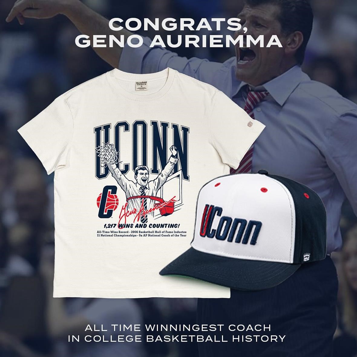 Uconn Huskies Geno Auriemma 1217 WIns And Counting All-Time WIns Record T-Shirts