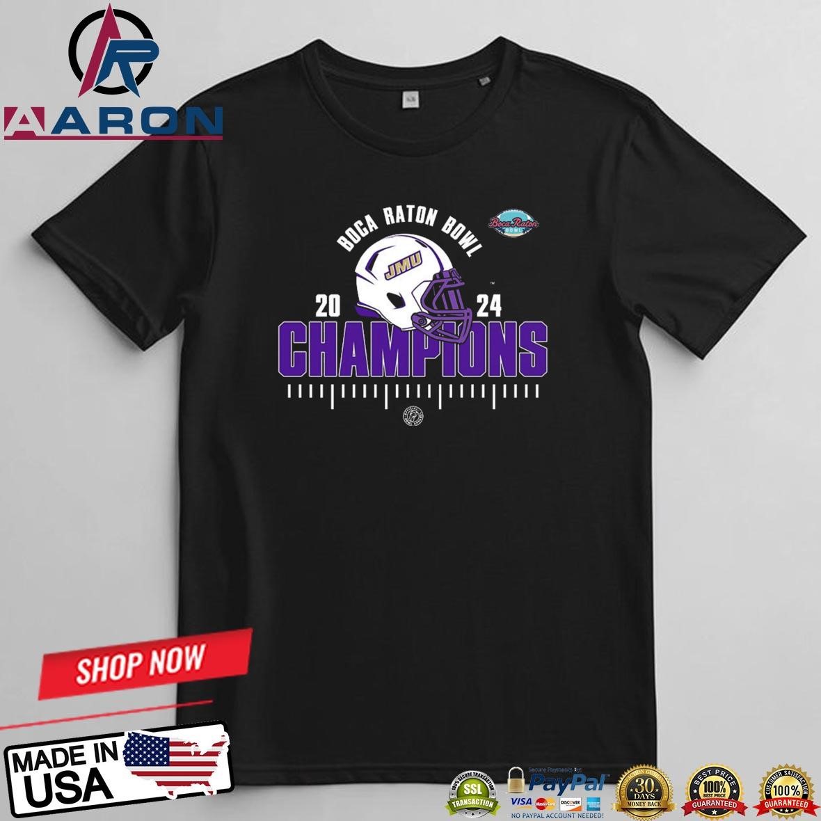 James Madison Dukes Is The 2024 Boca Raton Bowl Champions NCAA Football T-Shirts