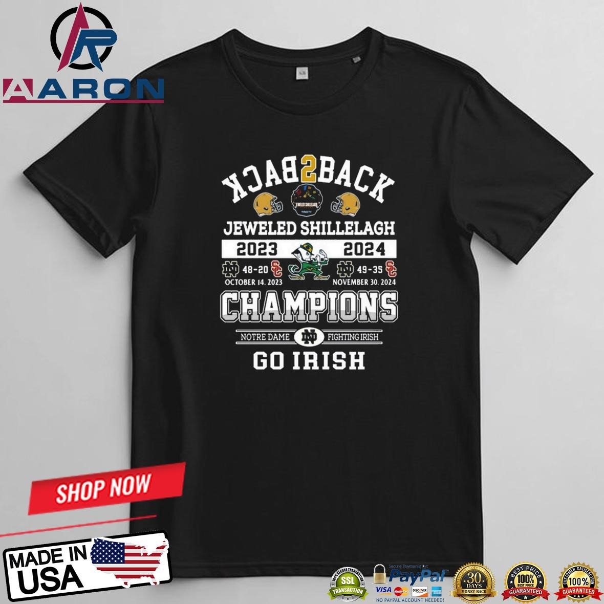 Notre Dame Fighting Irish 2023-2024 Jeweled Shillelagh Back2back Champions T-Shirts