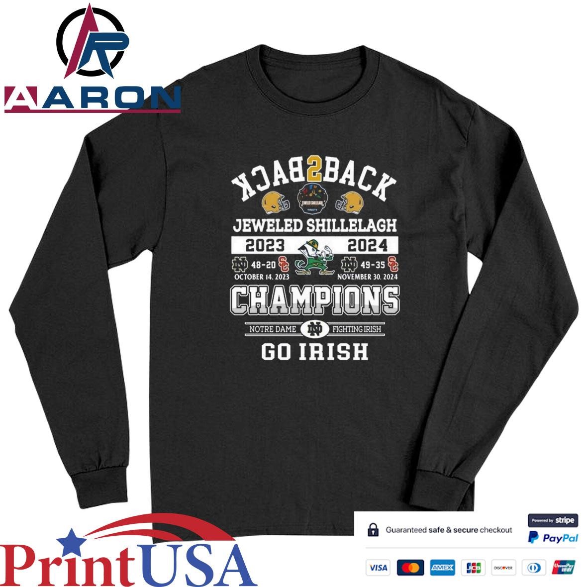 Notre Dame Fighting Irish Jeweled Shillelagh Back2back Champions T-Shirts Long Sleeve