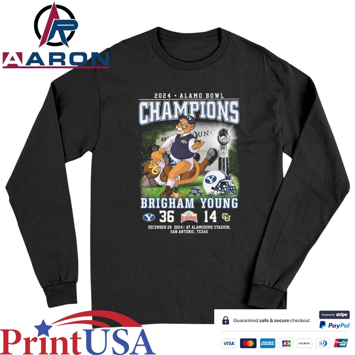 Official BYU Cougars 36-14 Colorado Buffaloes 2024 Alamo Bowl Champions Brigham Young Mascot T-Shirts Long Sleeve