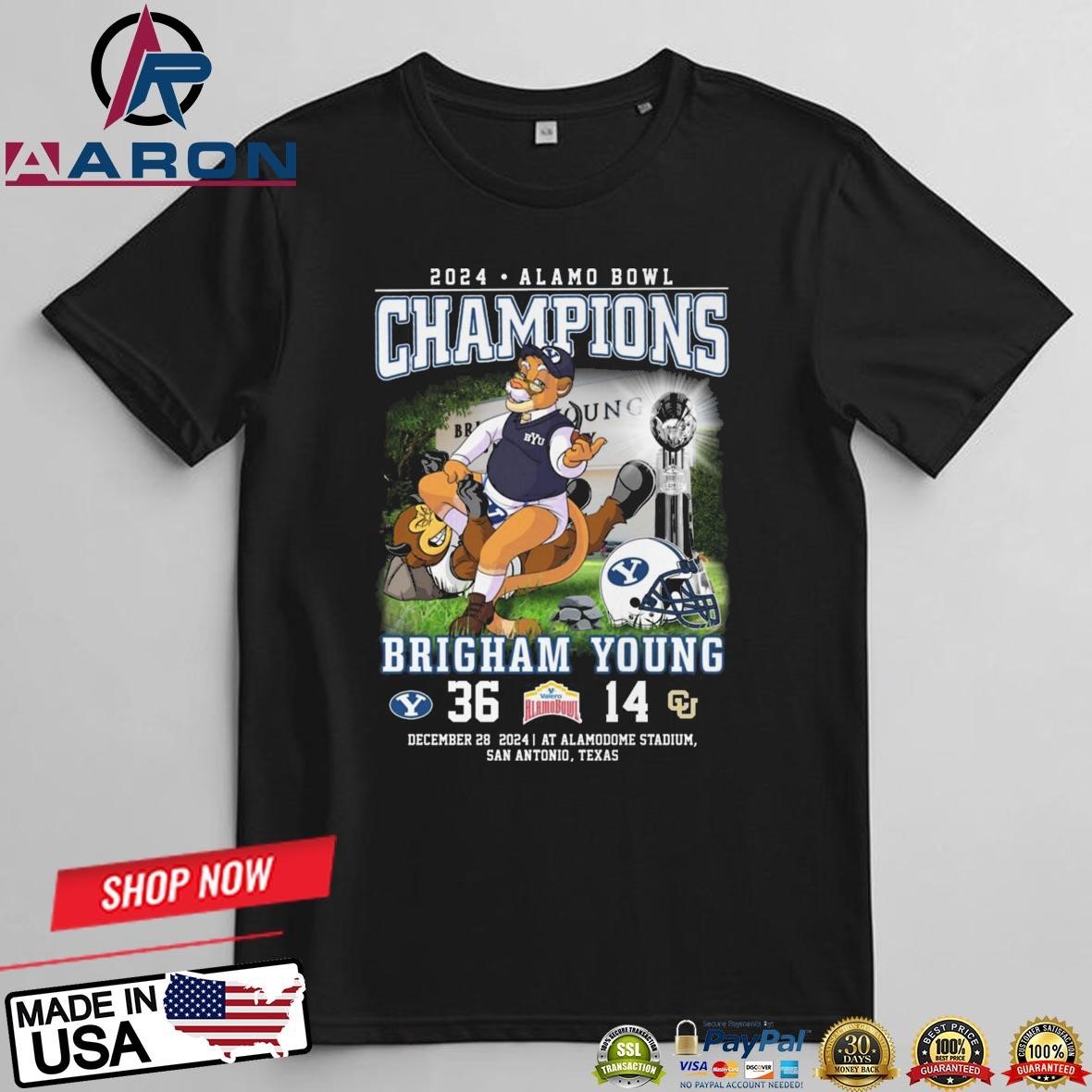 Official BYU Cougars 36-14 Colorado Buffaloes 2024 Alamo Bowl Champions Brigham Young Mascot T-Shirts