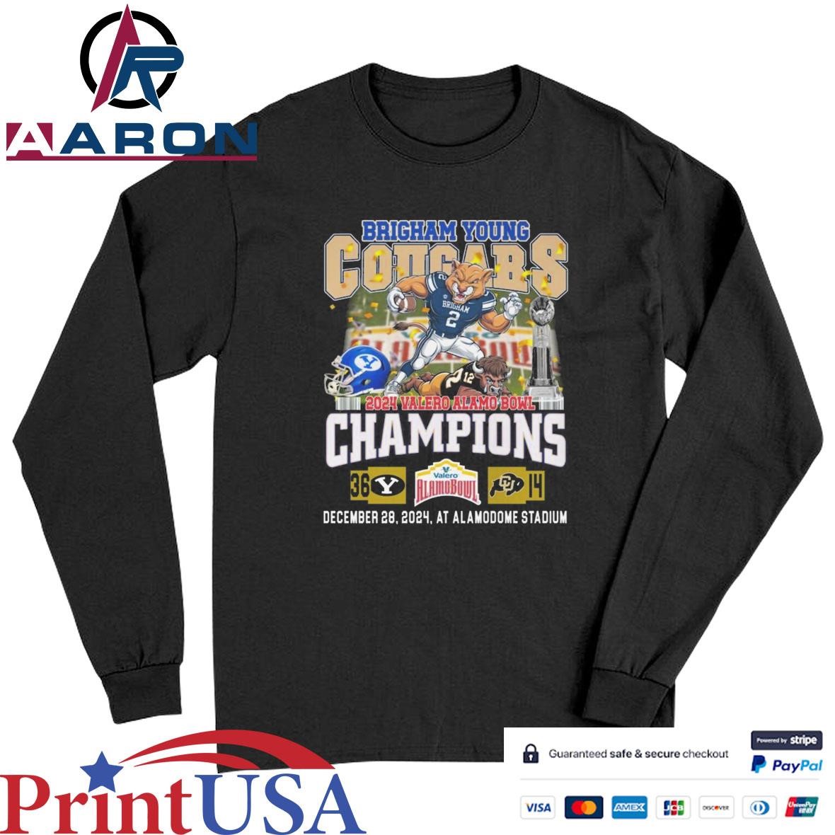 Official Brigham Young Cougars 2024 Valero Alamo Bowl Champions Cougars 36 Buffaloes 14 Mascot T-Shirts Long Sleeve