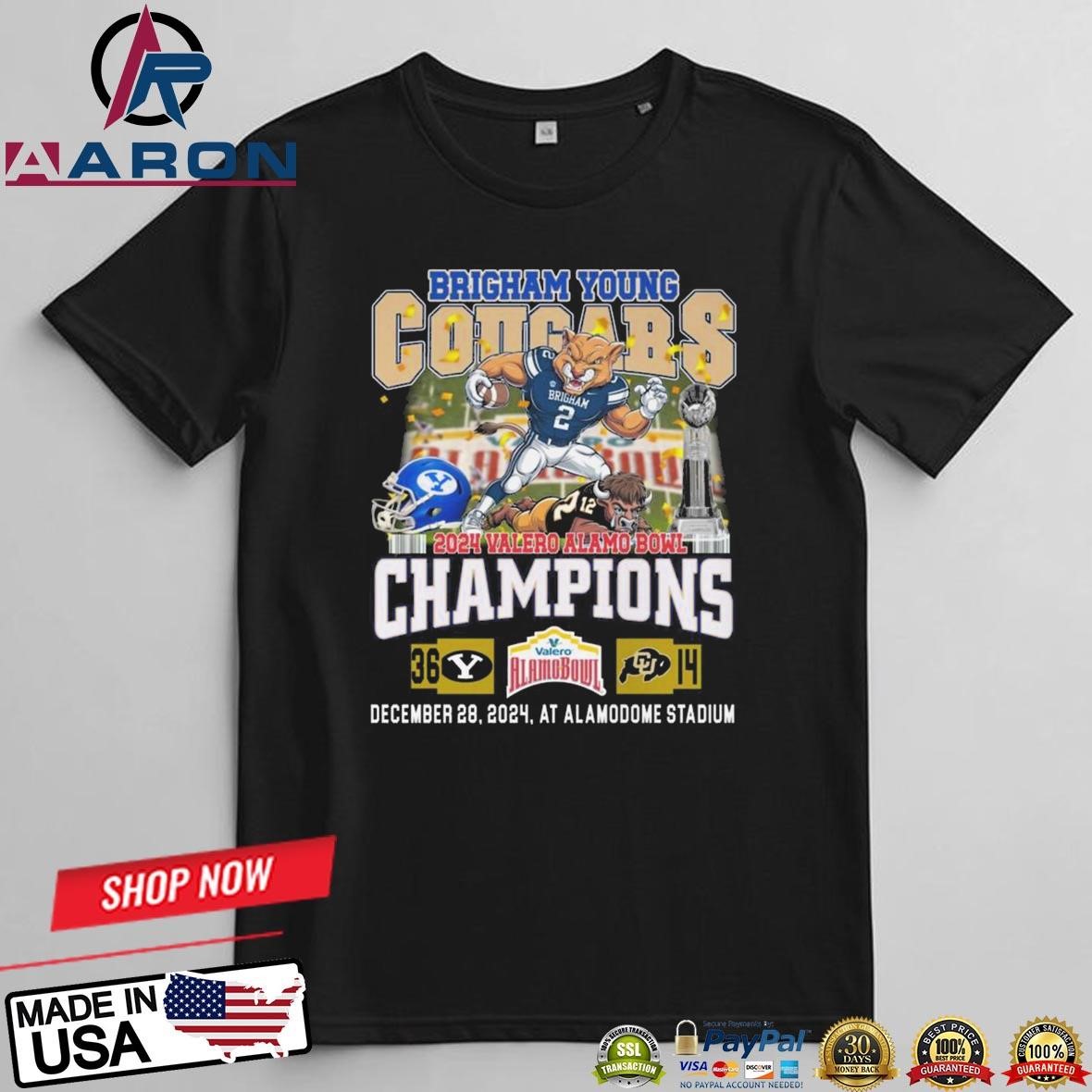 Official Brigham Young Cougars 2024 Valero Alamo Bowl Champions Cougars 36 Buffaloes 14 Mascot T-Shirts