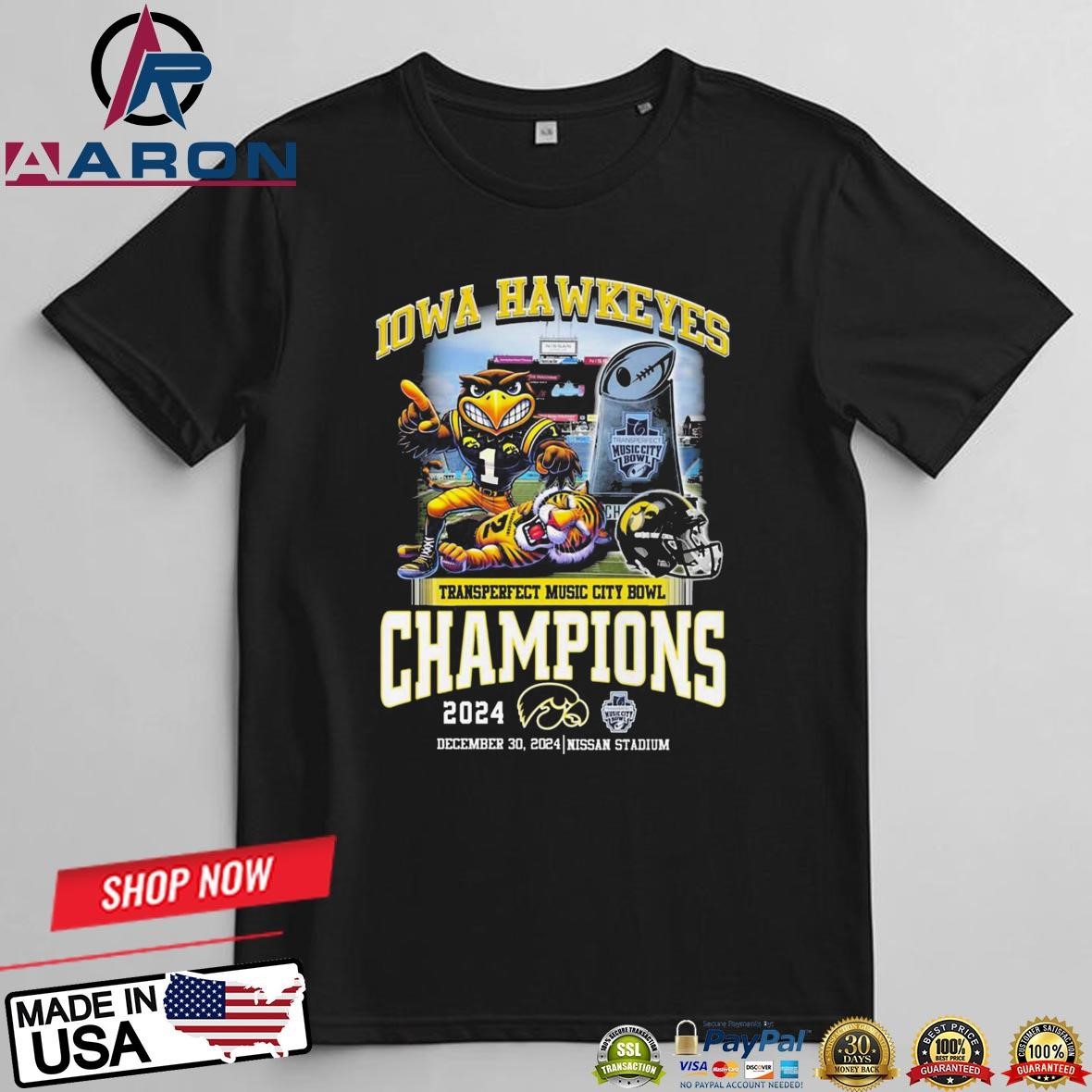 Official Iowa Hawkeyes Transperfect Music City Bowl Champions 2024 T-Shirts