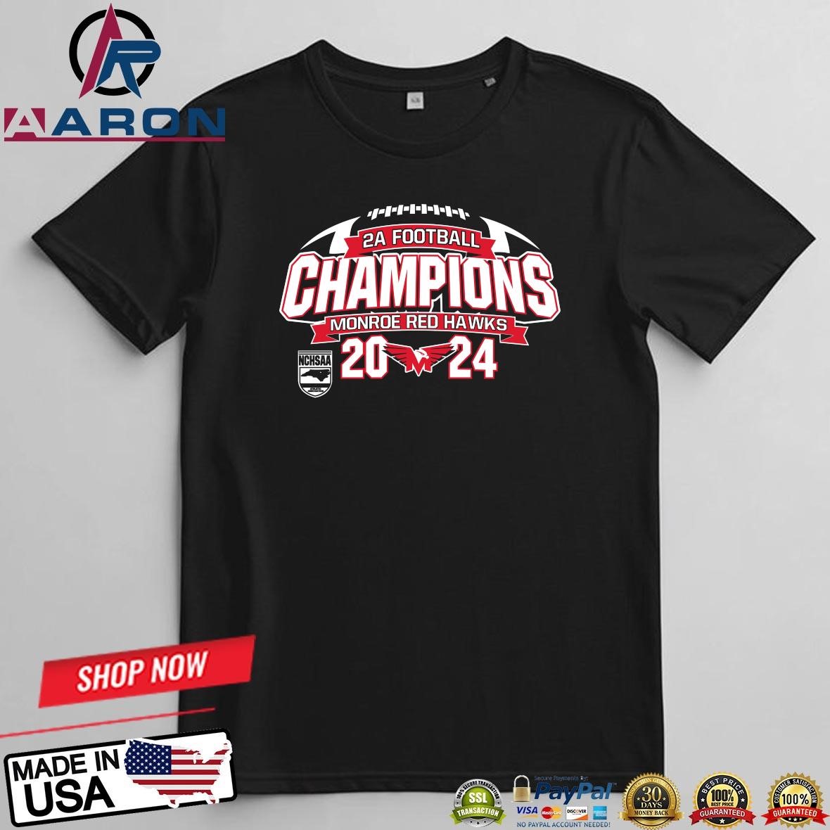 Official Monroe Red Hawks 2024 2A Football Champions T-Shirts