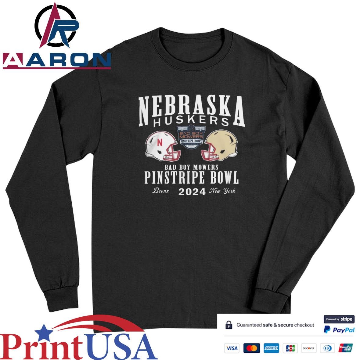 Official Nebraska Cornhuskers Vs Boston College Eagles Football 2024 Bad Boy Mowers Pinstripe Bowl Bronx New York Helmet T-Shirts Long Sleeve