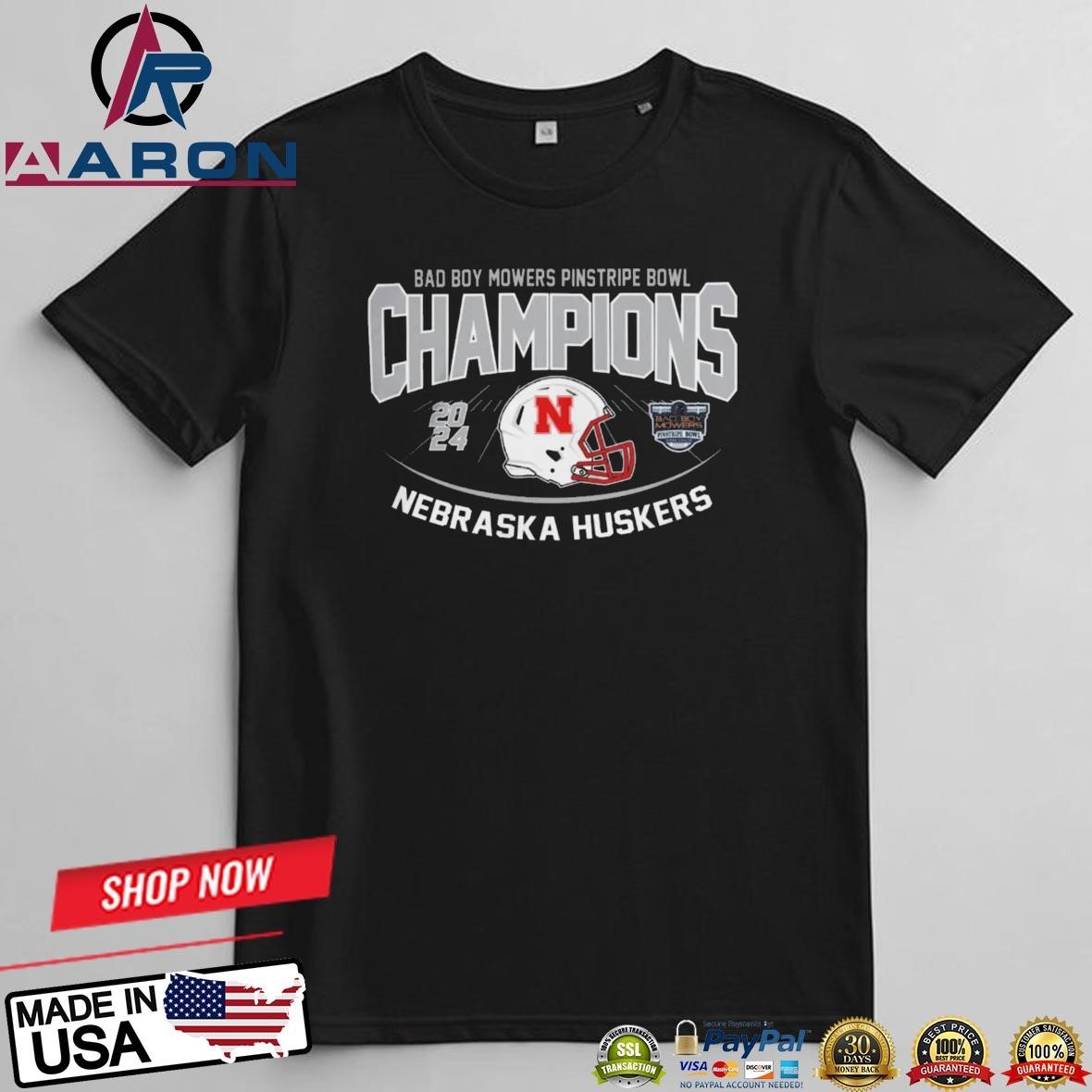 Official Nebraska Huskers Football 2024 Bad Boy Mowers Pinstripe Bowl Champions T-Shirts