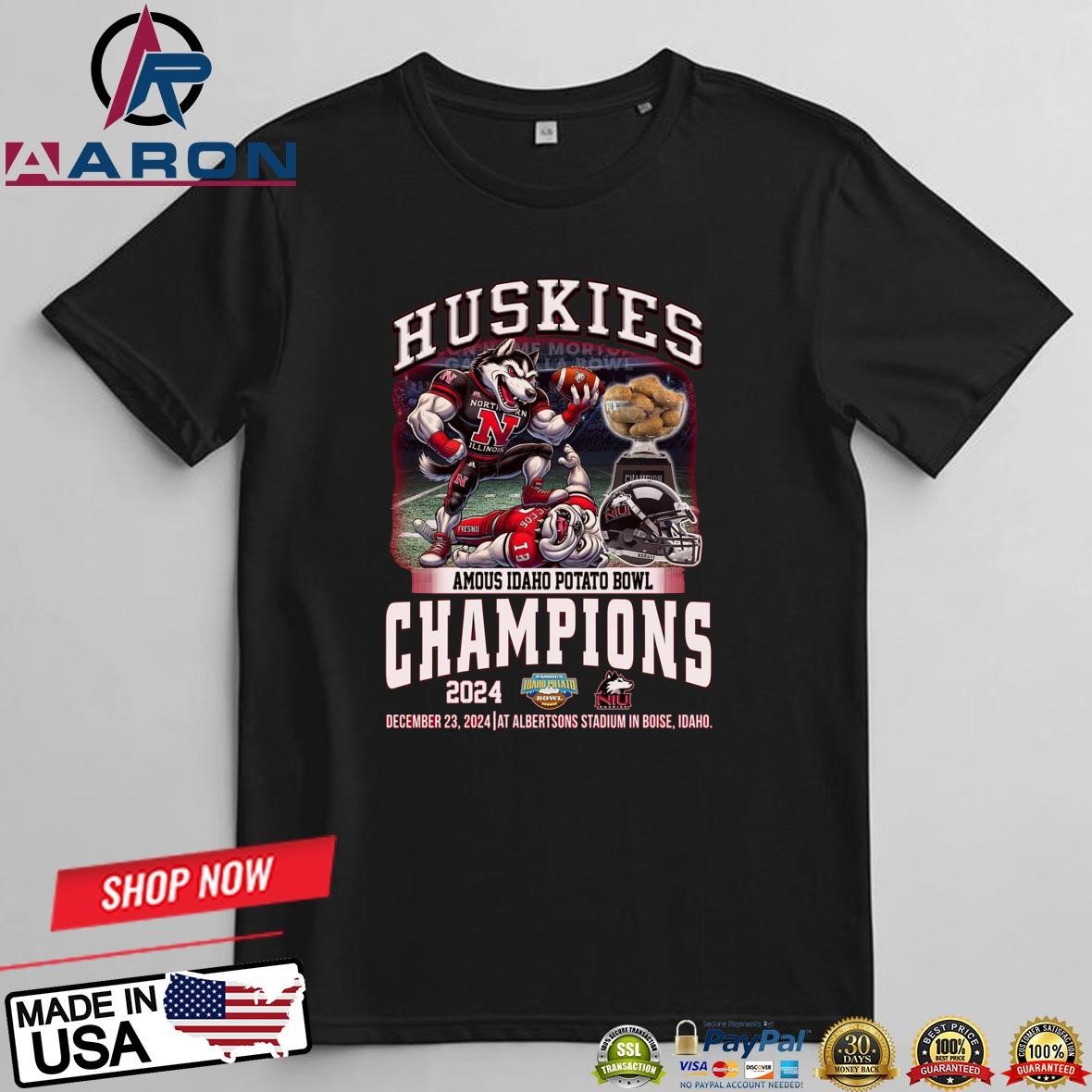 Official Northern Illinois Huskies 2024 Famous Idaho Potato Bowl Champions Mascot T-Shirts