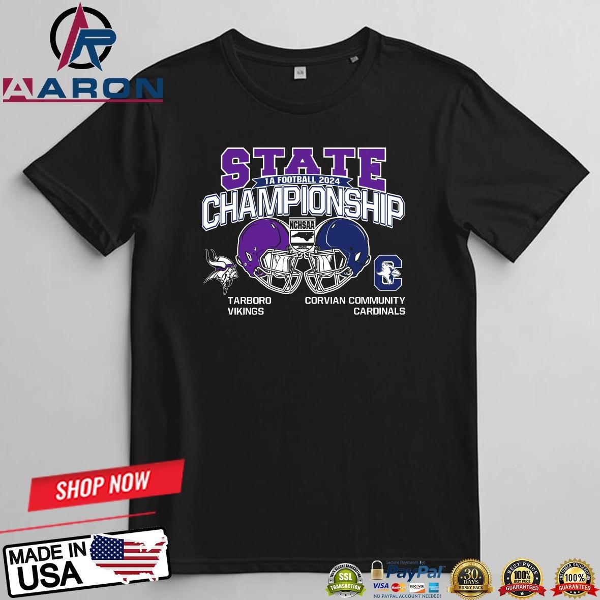 Official Tarboro Vikings Vs Corvian Community Cardinals 2024 1A Football State Championship Head To Head T-Shirts