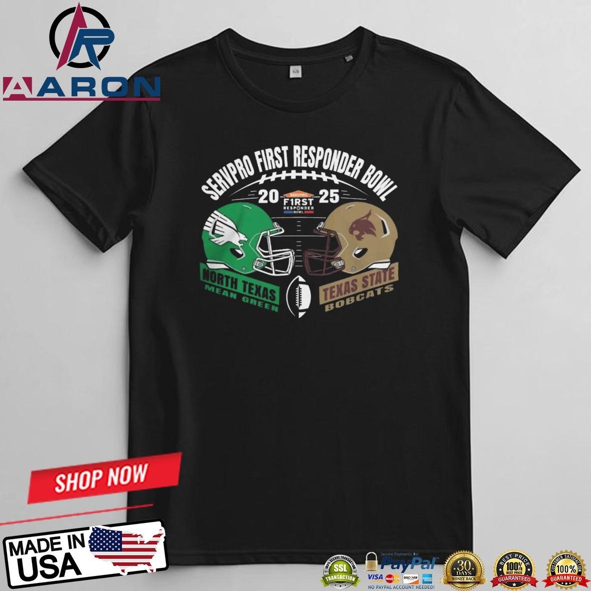 Official Texas State Football Vs North Texas 2025 Servpro First Responder Bowl Match-Up Helmet T-Shirts