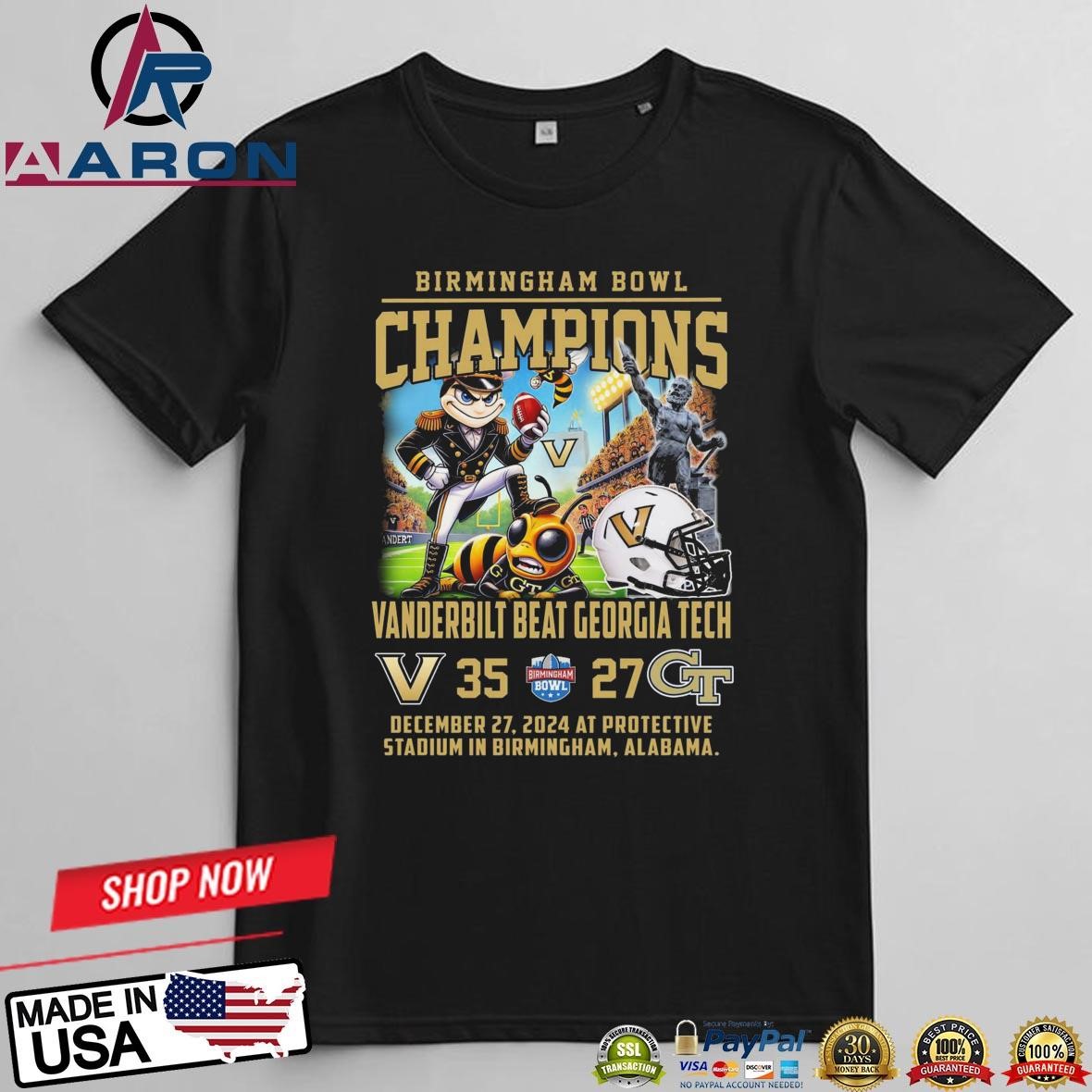 Official Vanderbilt Beat Georgia Tech 2024 Birmingham Bowl Champions T-Shirts