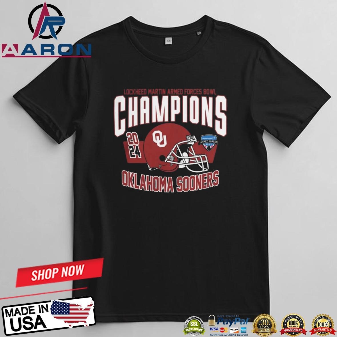Oklahoma Sooners Lockheed Martin Armed Forces Bowl Champions 2024 Helmet T-Shirts