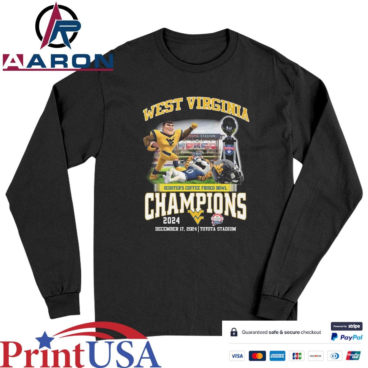 West Virginia Mountaineers Scooter's Coffee Frisco Bowl Champions 2024 T-Shirts Long Sleeve