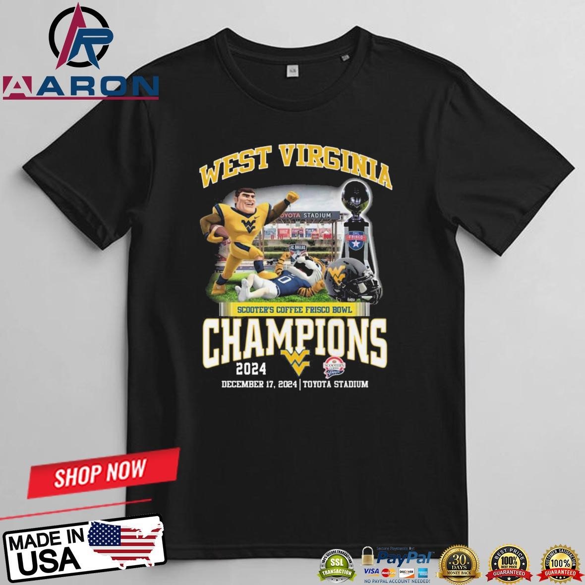 West Virginia Mountaineers Scooter's Coffee Frisco Bowl Champions 2024 T-Shirts