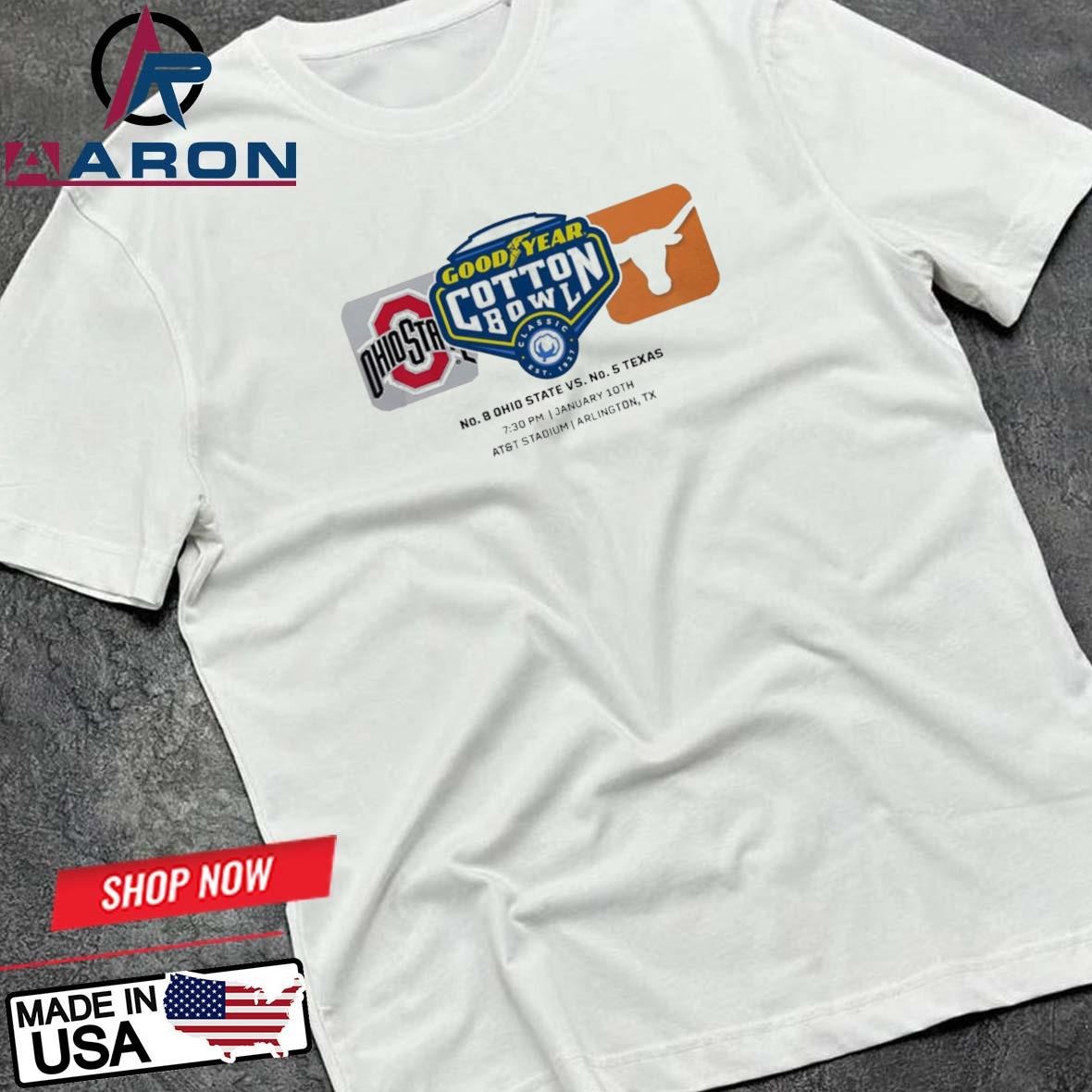 Official 2025 Goodyear Cotton Bowl Ohio State Buckeyes Vs Texas Longhorns Matchup Championship College Football Semifinal Match Logo T-Shirts