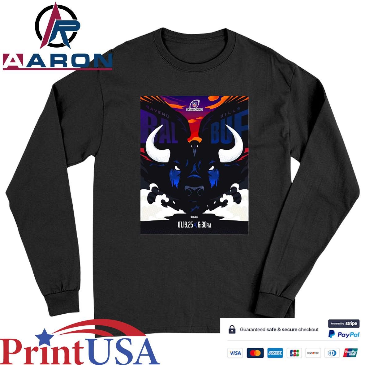 Official 2025 NFL Divisional Baltimore Ravens And Buffalo Bills Matchup Mascot T-Shirts Long Sleeve