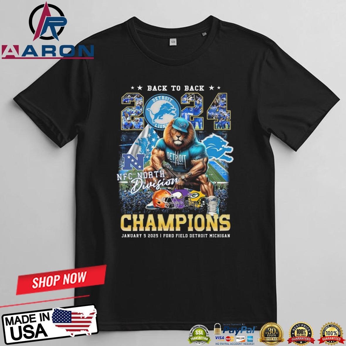 Official Detroit Lions Football Back 2 Back NFC North Champions 2024-2025 T-Shirts t-shirt