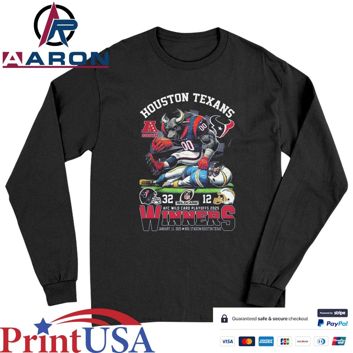Official Houston Texans AFC Wild Card Playoff 2025 Winners Mascot T-Shirts Long Sleeve