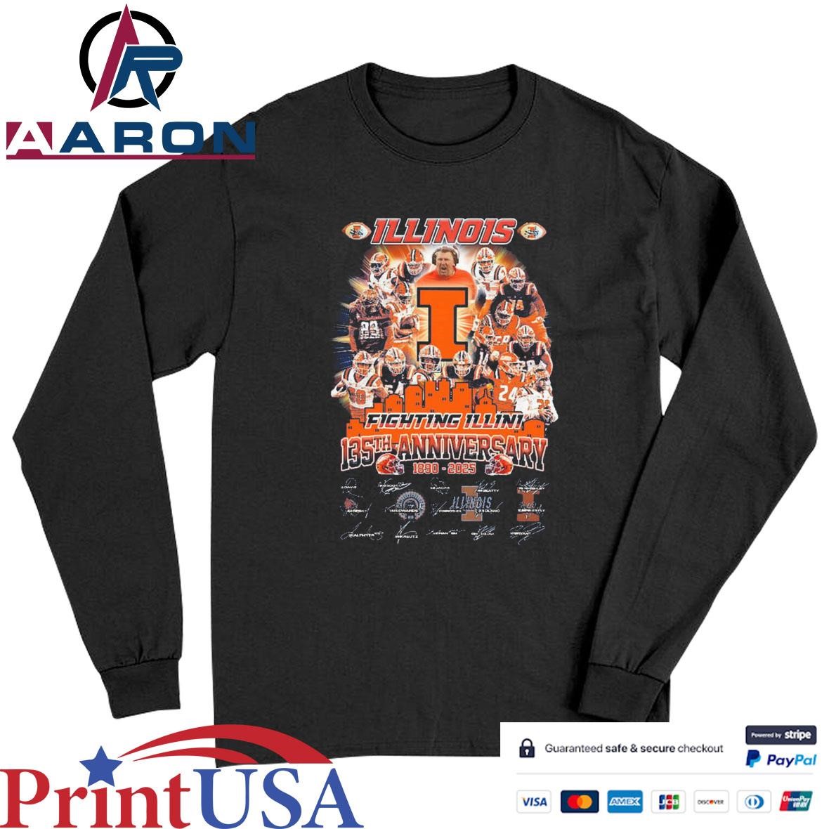 Official Illinois Fighting Illini 135th Anniversary 1890-2025 Football History Signatures T-Shirts Long Sleeve