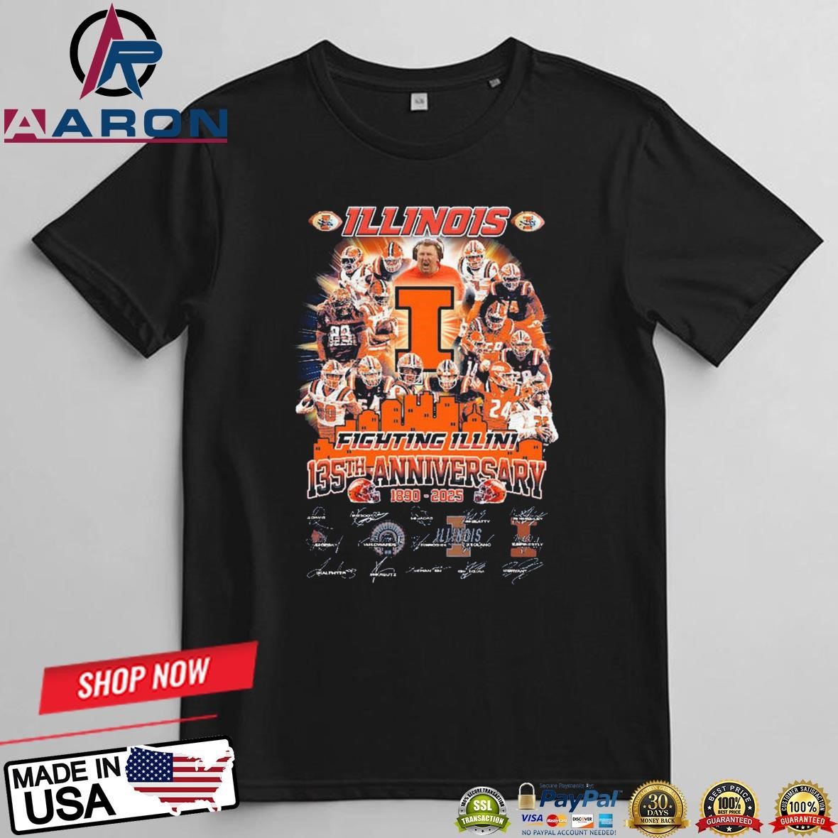 Official Illinois Fighting Illini 135th Anniversary 1890-2025 Football History Signatures T-Shirts