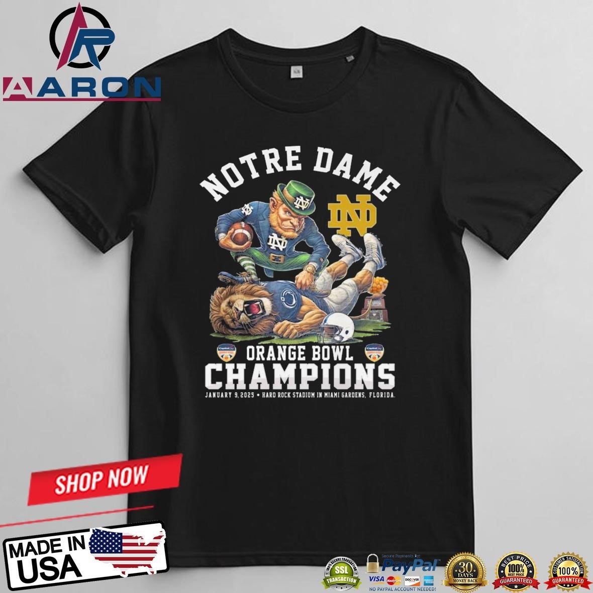 Official Notre Dame Fighting Irish Capital One Orange Bowl Champions Beat Lions 2025 T-Shirts
