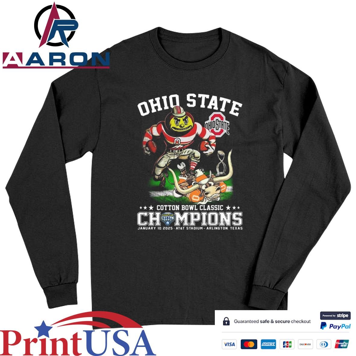 Official Ohio State Buckeyes NCAA Cotton Bowl Classic Champions 2025 Mascot T-Shirts Long Sleeve