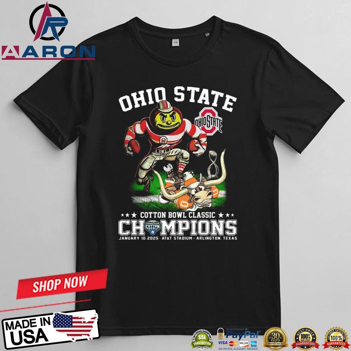 Official Ohio State Buckeyes NCAA Cotton Bowl Classic Champions 2025 Mascot T-Shirts