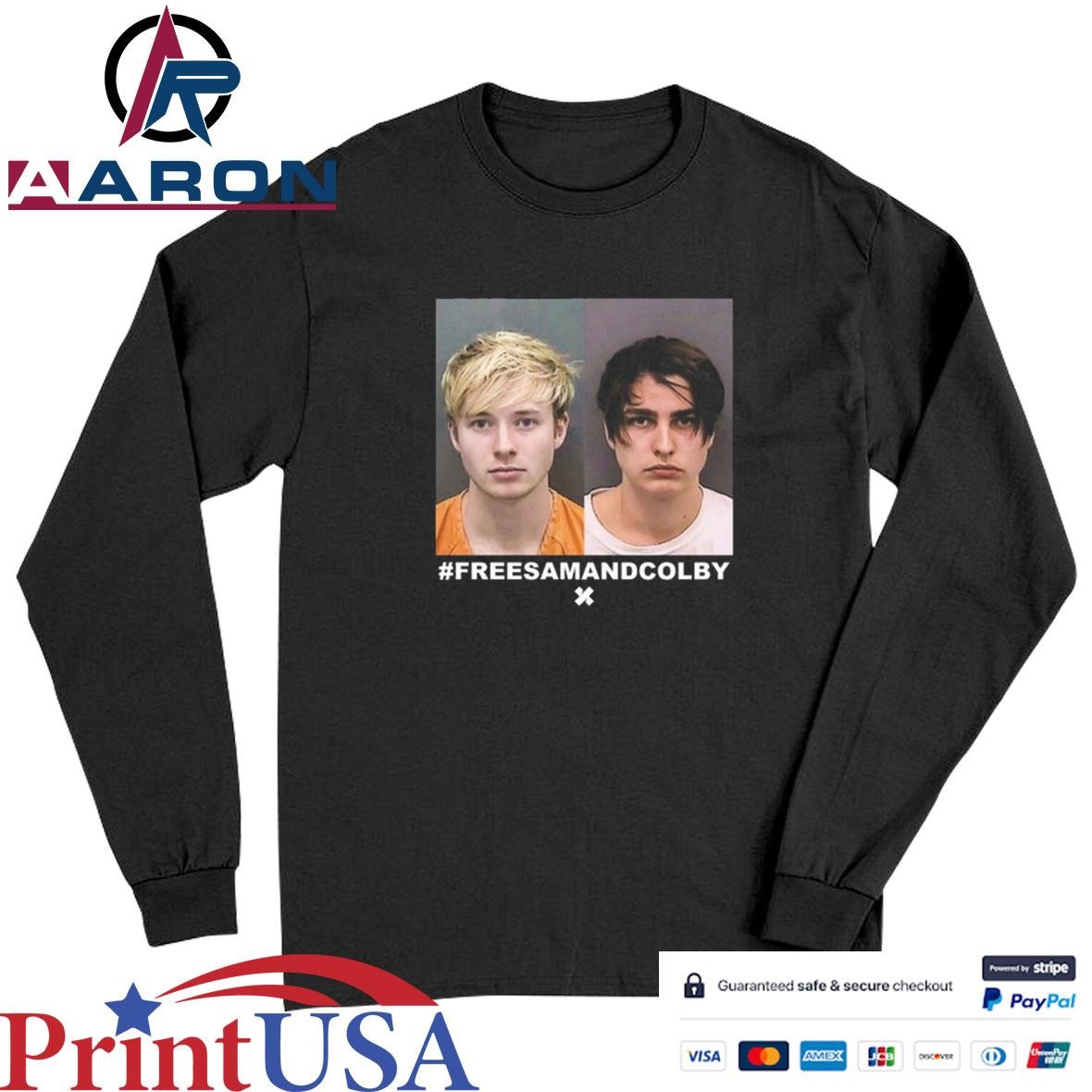 Official Samgolbach And Colby Brock Wearing #Freesamandcolby Mugshot T-Shirts Long Sleeve