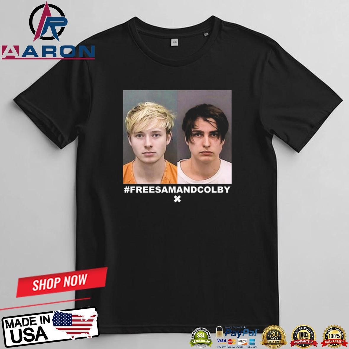 Official Samgolbach And Colby Brock Wearing #Freesamandcolby Mugshot T-Shirts t-shirt