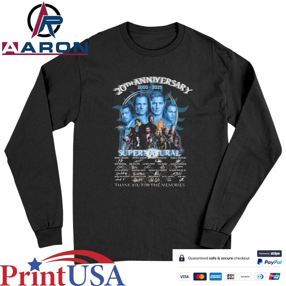 Official Supernatural 20th Anniversary 2005-2025 Thank You For The Memories Signatures T-Shirts Long Sleeve