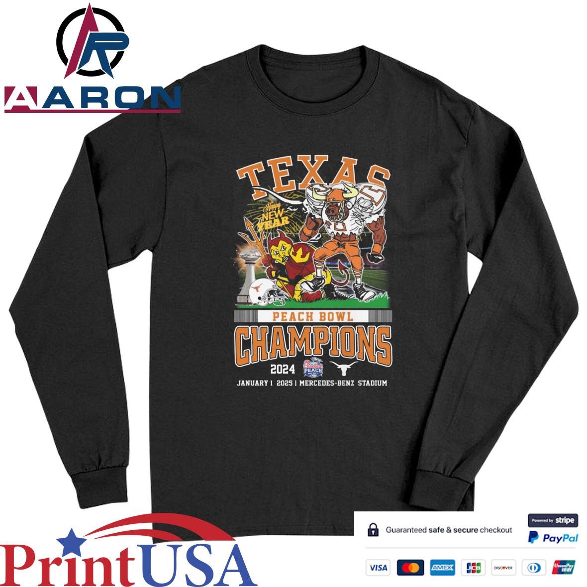 Official Texas Longhorns 2024 Peach Bowl Champions Mercedes-Benz Stadium Mascot T-Shirts Long Sleeve