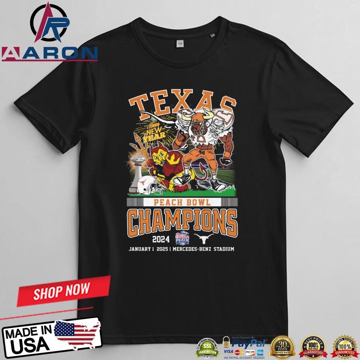 Official Texas Longhorns 2024 Peach Bowl Champions Mercedes-Benz Stadium Mascot T-Shirts