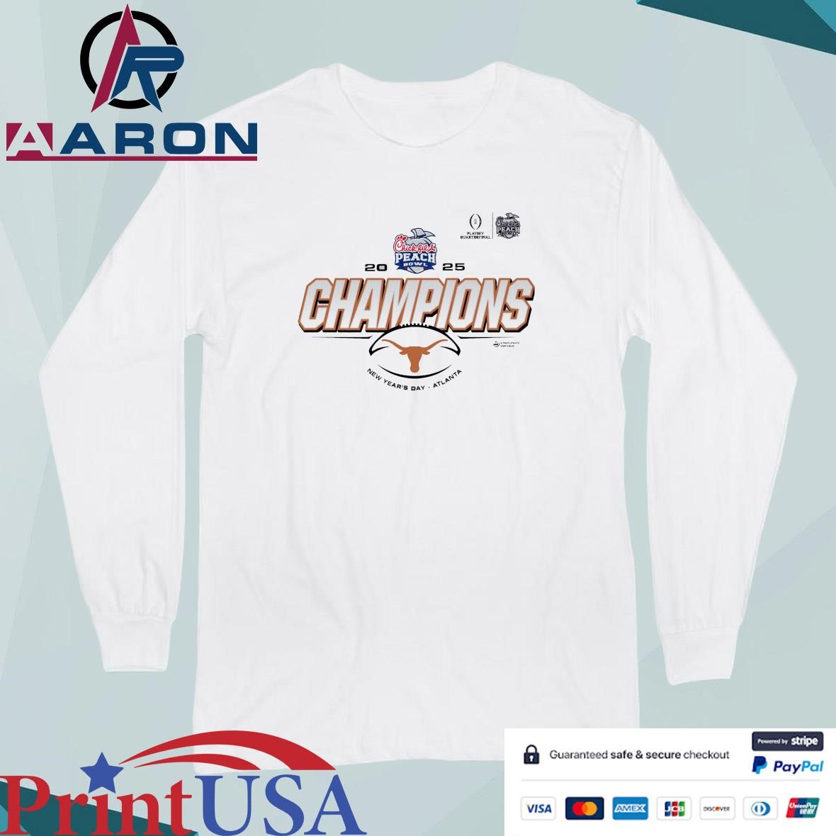 Official Texas Longhorns 2025 Chick-fil-A Peach Bowl Champions New Year's Day T-Shirts Long Sleeve