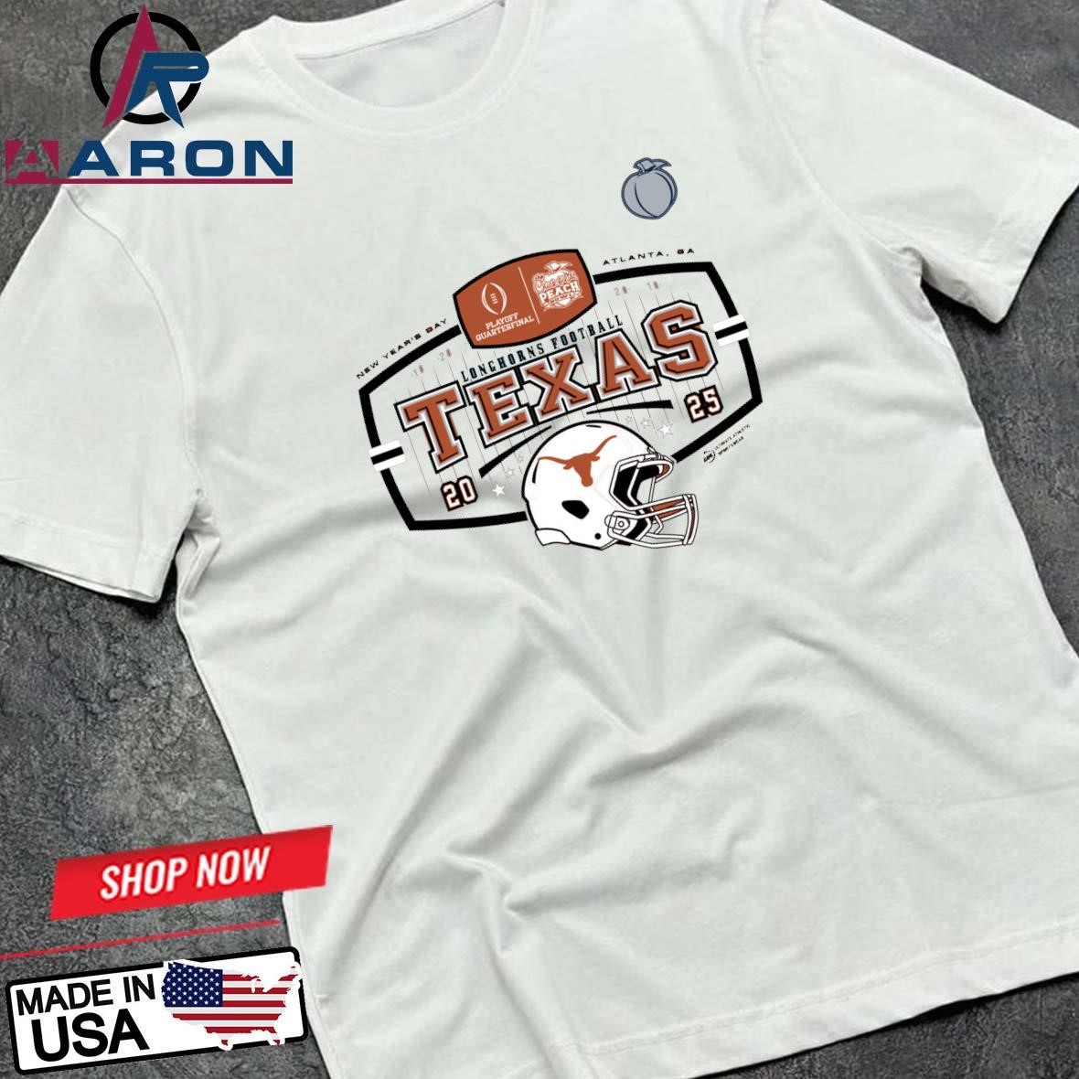 Official Texas Longhorns 2025 New Year's Day Chick-fil-A Peach Bowl Champions Helmet T-Shirts