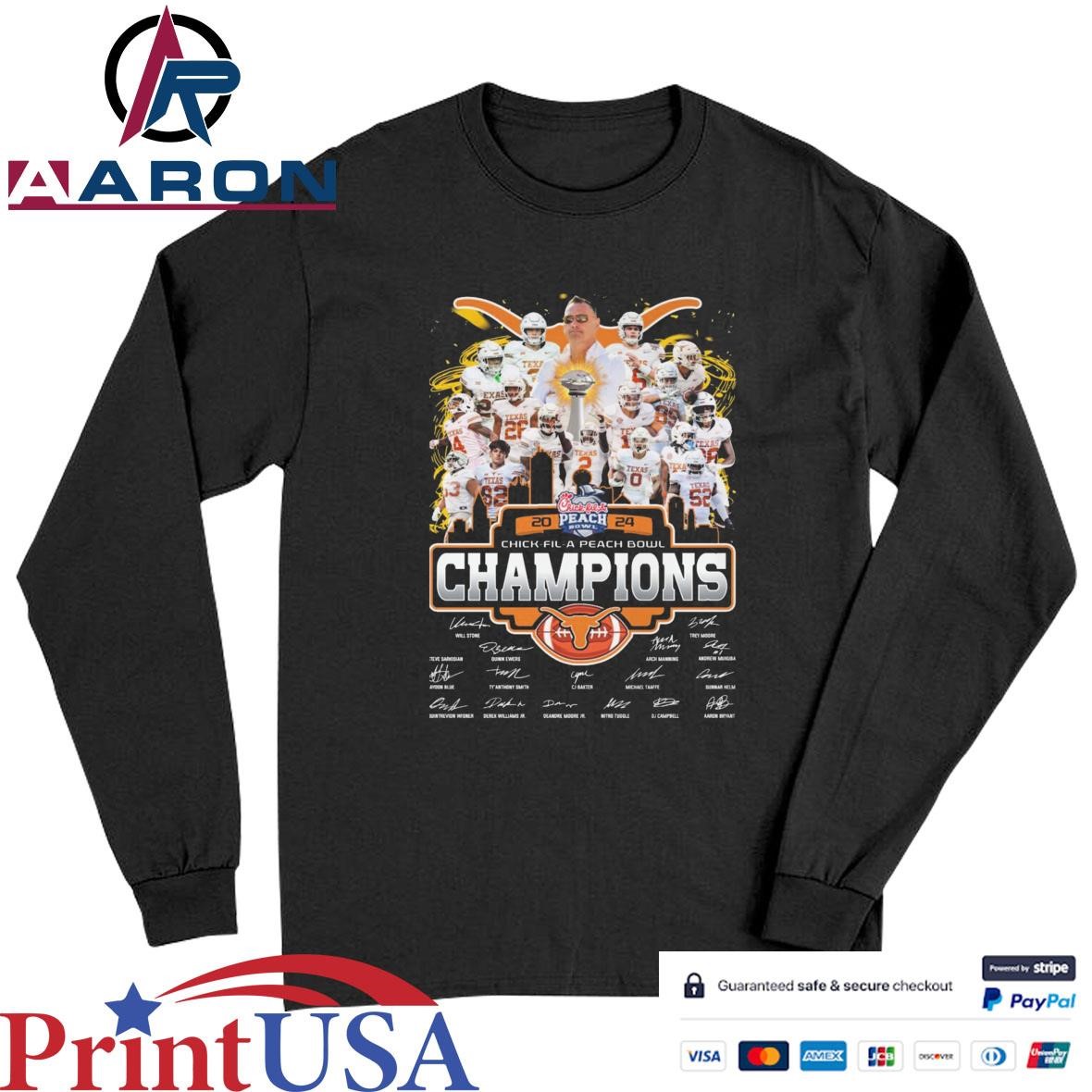 Official Texas Longhorns Football Player 2024 Chick-Fil-A Peach Bowl Champions Signatures T-Shirts Long Sleeve