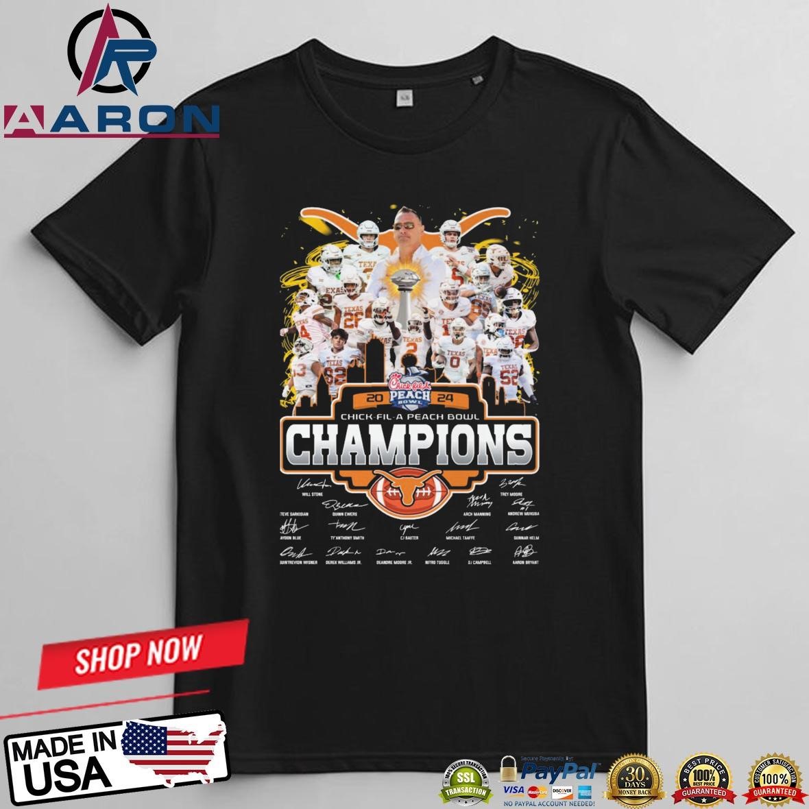 Official Texas Longhorns Football Player 2024 Chick-Fil-A Peach Bowl Champions Signatures T-Shirts