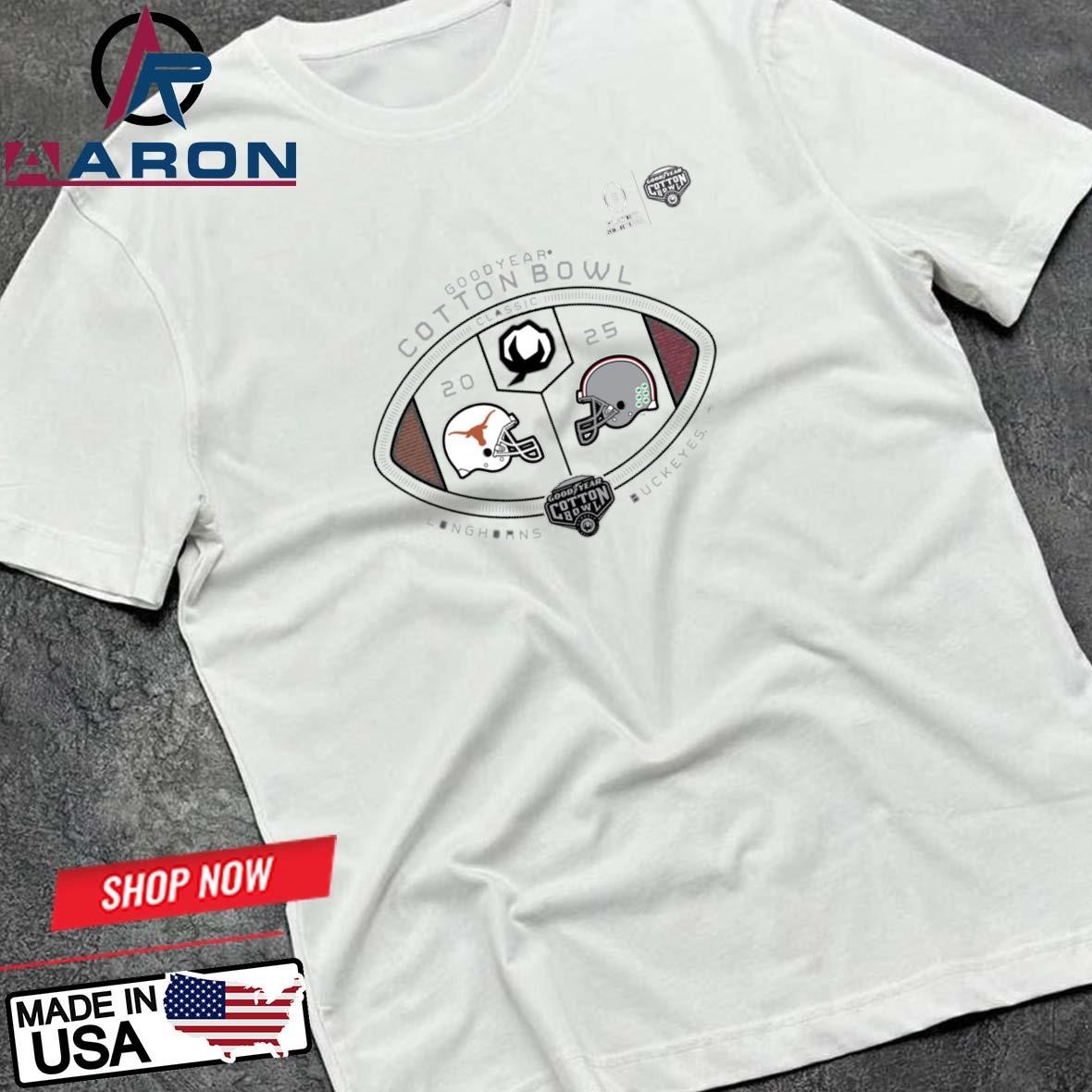 Official Texas Longhorns Vs Ohio State Buckeyes 2025 Goodyear Cotton Bowl Classic Head To Head Helmet T-Shirts